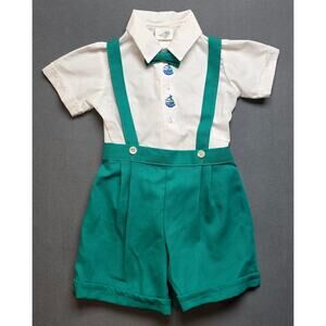 Vtg‎ Boys 3T  Suspenders Bow Tie Outfit Teal White Shirt Nautical Boats Sea